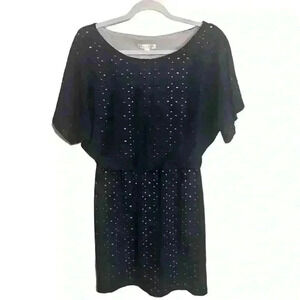 London Times Eyelet Dress Size 6 Navy Blue Short Dolman Sleeve Knee Length